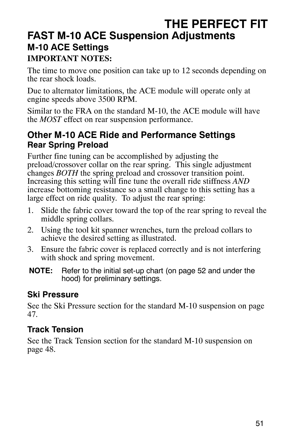 The perfect fit, Fast m-10 ace suspension adjustments | Polaris 600 EDGE Touring 121 User Manual | Page 54 / 153
