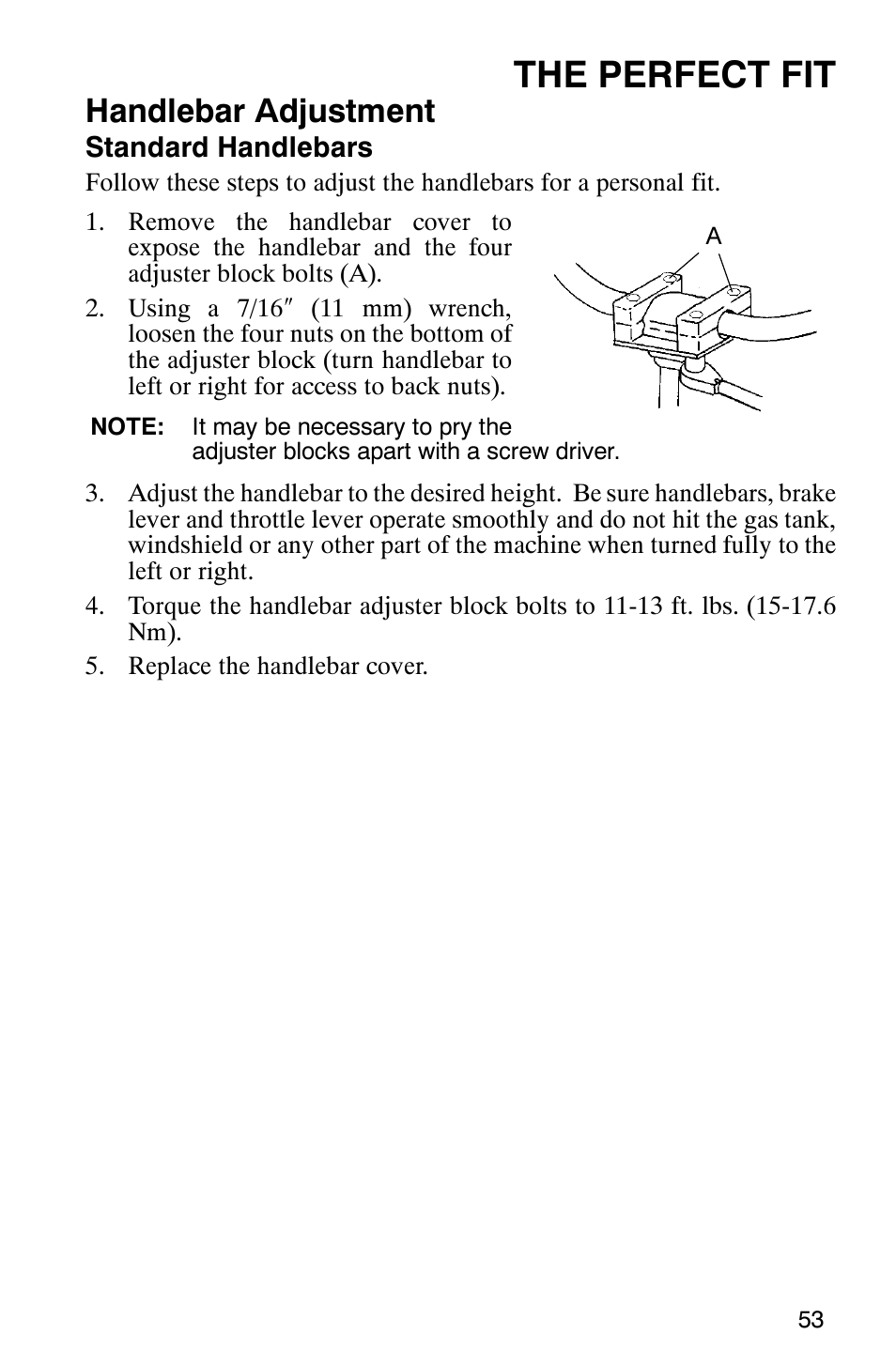 The perfect fit, Handlebar adjustment | Polaris 600 EDGE Touring 121 User Manual | Page 56 / 153