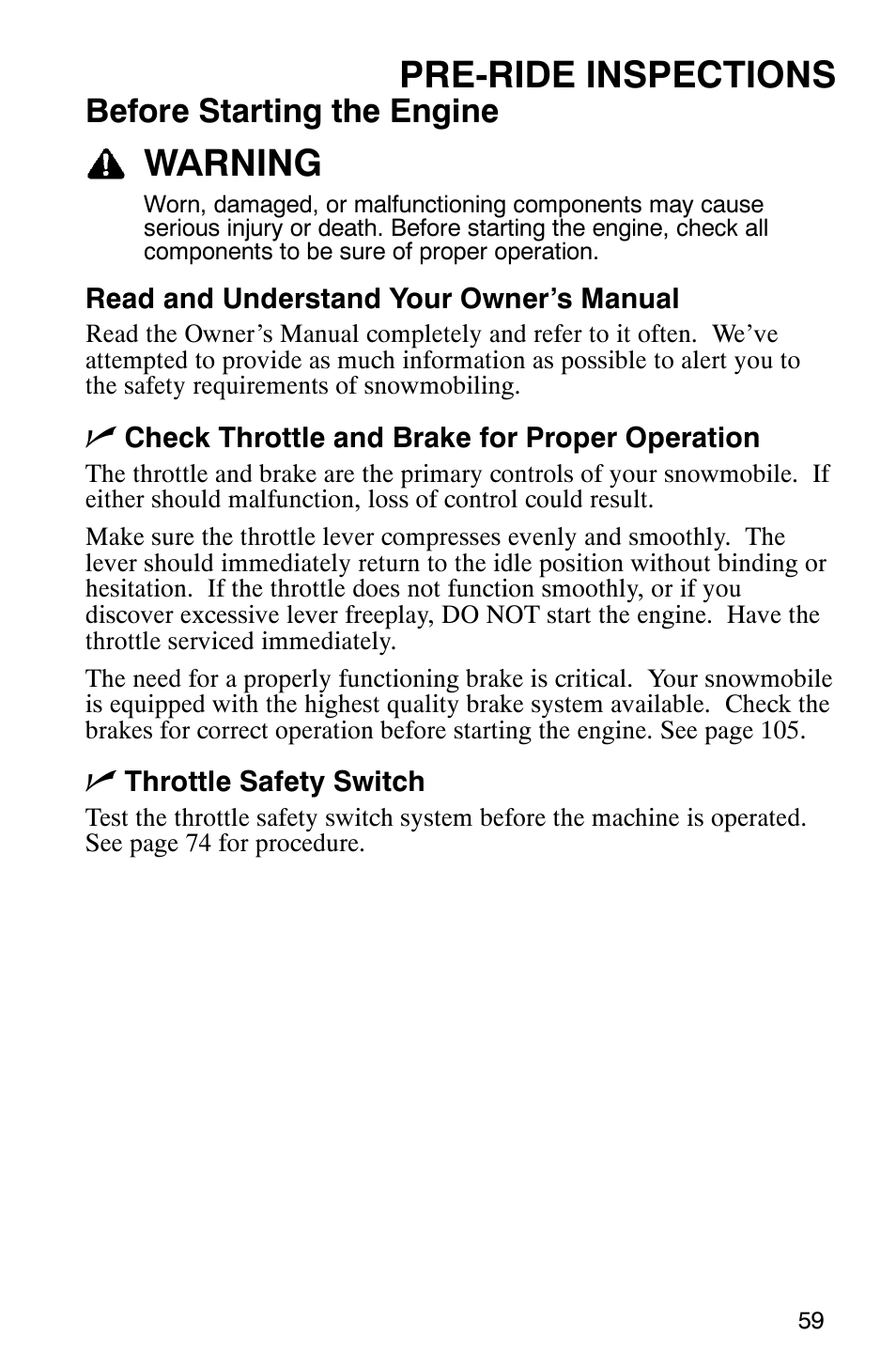 Pre-ride inspections, Warning, Before starting the engine | Polaris 600 EDGE Touring 121 User Manual | Page 62 / 153