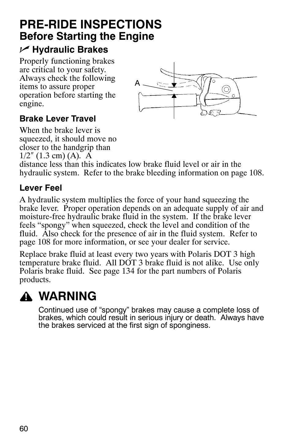 Pre-ride inspections, Warning, Before starting the engine n | Polaris 600 EDGE Touring 121 User Manual | Page 63 / 153