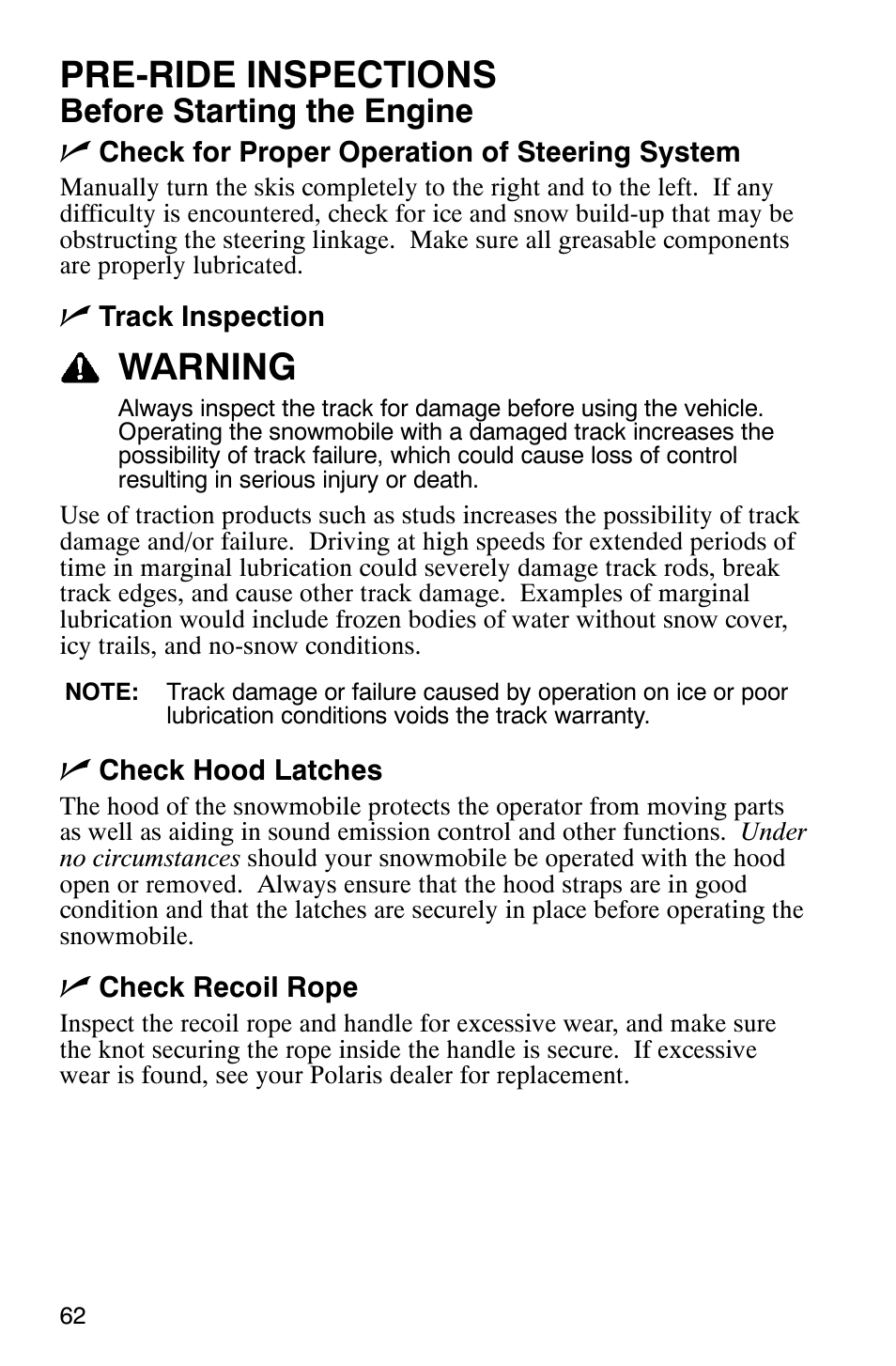 Pre-ride inspections, Warning, Before starting the engine n | Polaris 600 EDGE Touring 121 User Manual | Page 65 / 153
