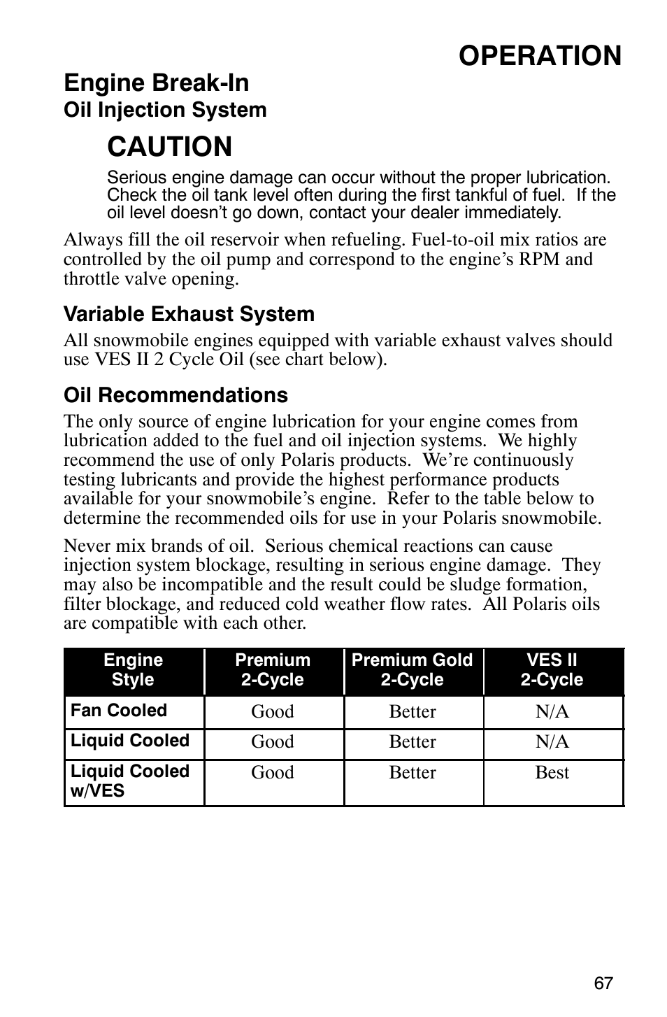 Operation, Caution, Engine break-in | Polaris 600 EDGE Touring 121 User Manual | Page 70 / 153