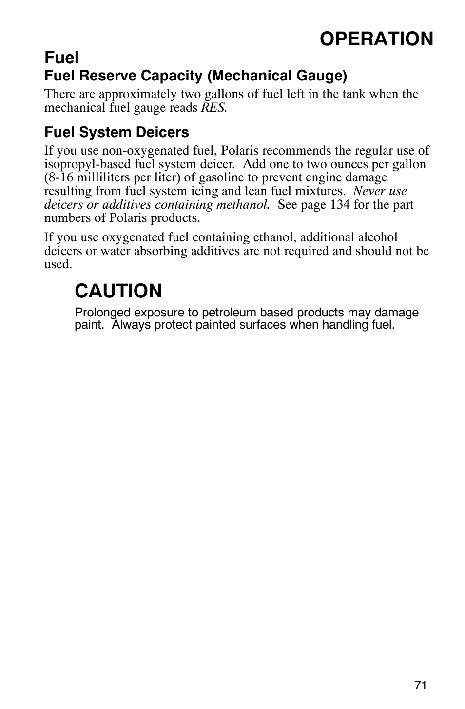 Operation, Caution, Fuel | Polaris 600 EDGE Touring 121 User Manual | Page 74 / 153