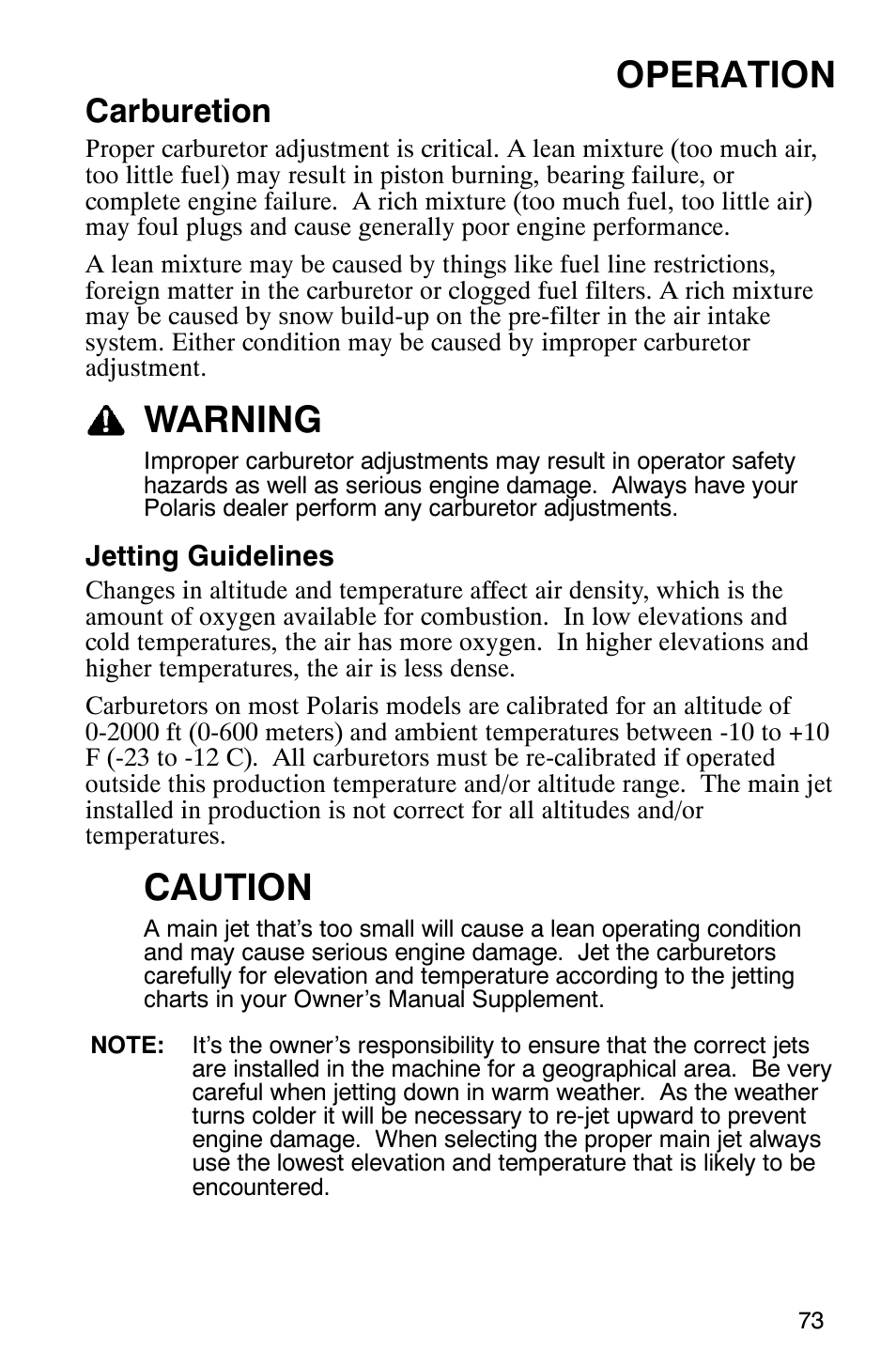 Operation, Warning, Caution | Carburetion | Polaris 600 EDGE Touring 121 User Manual | Page 76 / 153