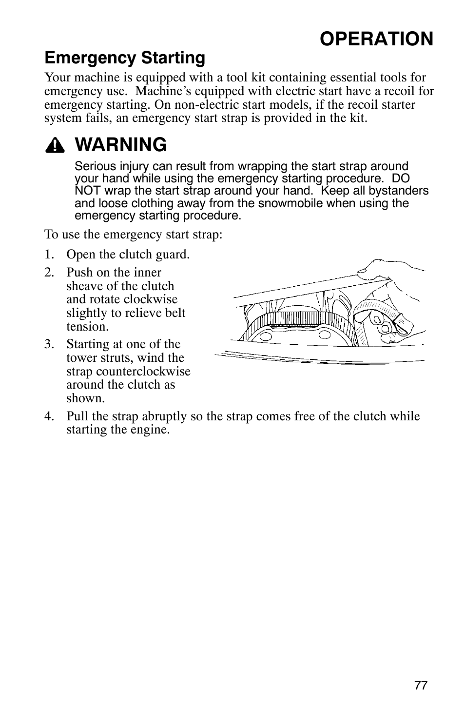 Operation, Warning, Emergency starting | Polaris 600 EDGE Touring 121 User Manual | Page 80 / 153