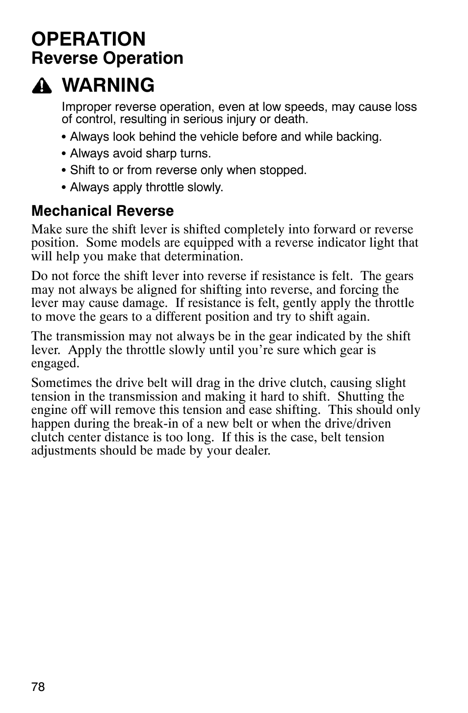 Operation, Warning, Reverse operation | Polaris 600 EDGE Touring 121 User Manual | Page 81 / 153