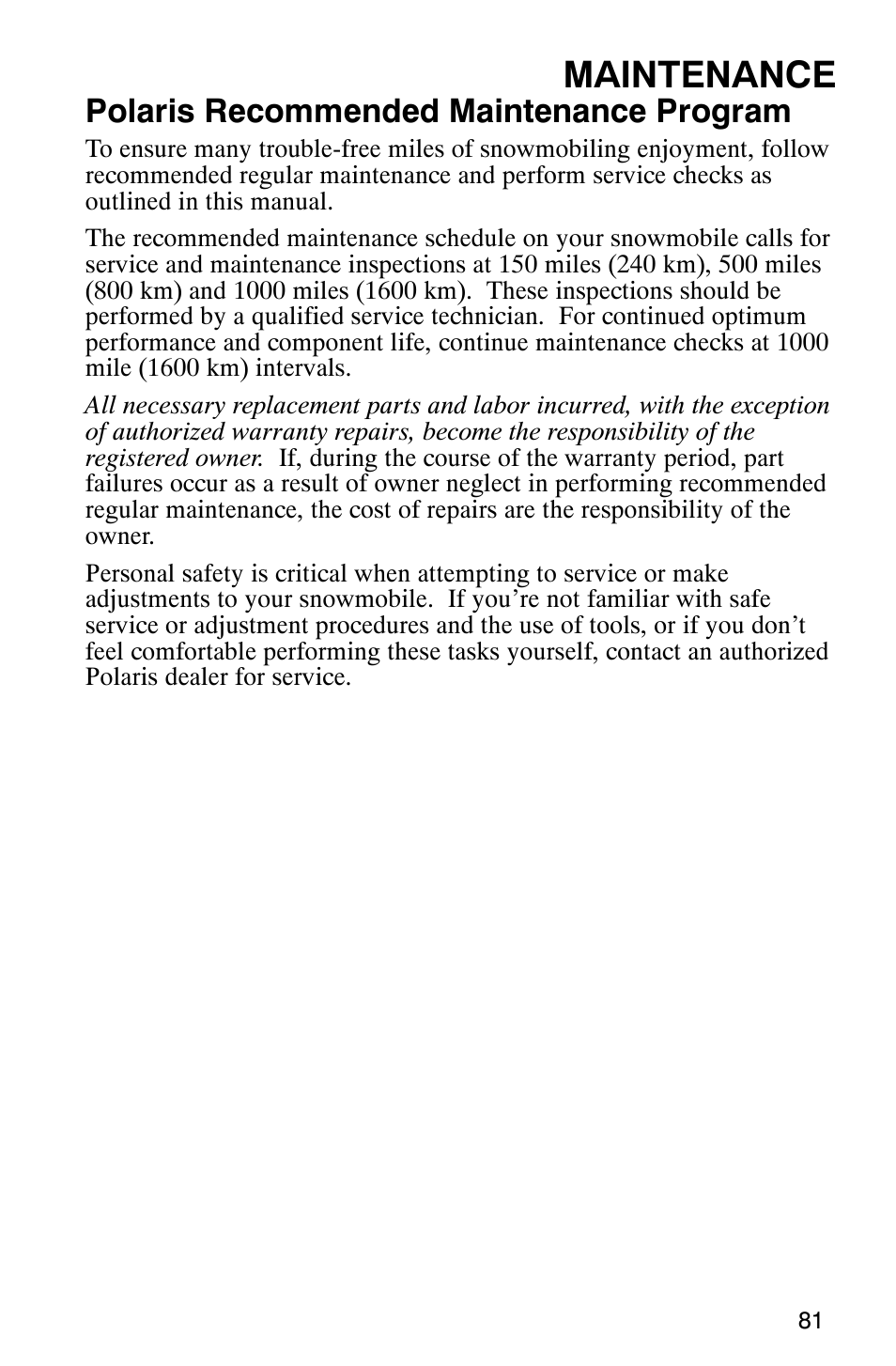 Maintenance, Polaris recommended maintenance program | Polaris 600 EDGE Touring 121 User Manual | Page 84 / 153