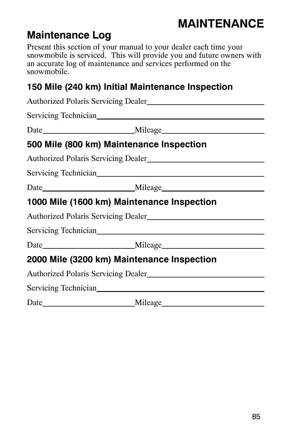 Maintenance, Maintenance log | Polaris 600 EDGE Touring 121 User Manual | Page 88 / 153