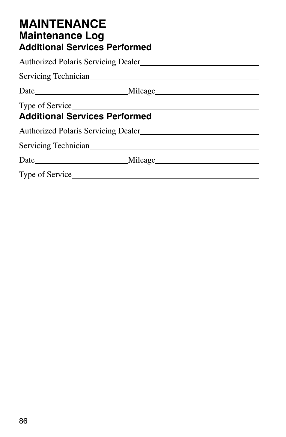 Maintenance, Maintenance log | Polaris 600 EDGE Touring 121 User Manual | Page 89 / 153