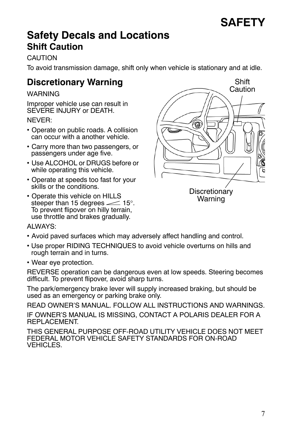 Safety, Safety decals and locations, Shift caution | Discretionary warning | Polaris 4X4 700 EFI User Manual | Page 10 / 134