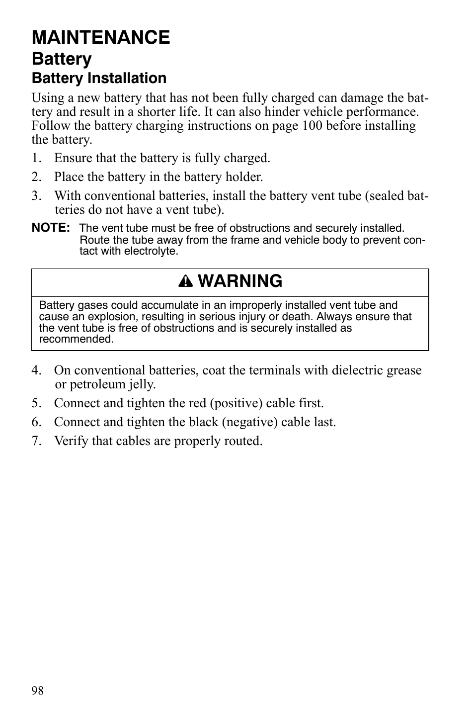 Maintenance, Battery, Warning | Battery installation | Polaris 4X4 700 EFI User Manual | Page 101 / 134