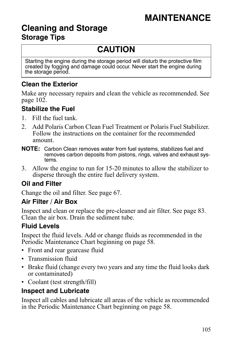 Maintenance, Cleaning and storage, Caution | Polaris 4X4 700 EFI User Manual | Page 108 / 134