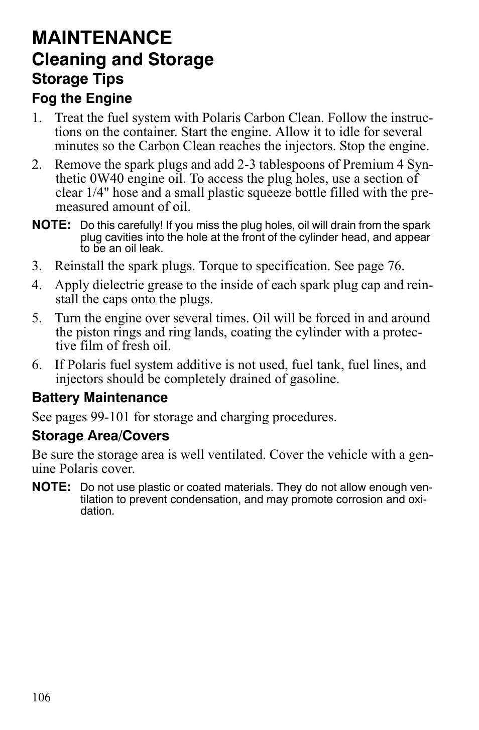 Maintenance, Cleaning and storage, Storage tips | Polaris 4X4 700 EFI User Manual | Page 109 / 134
