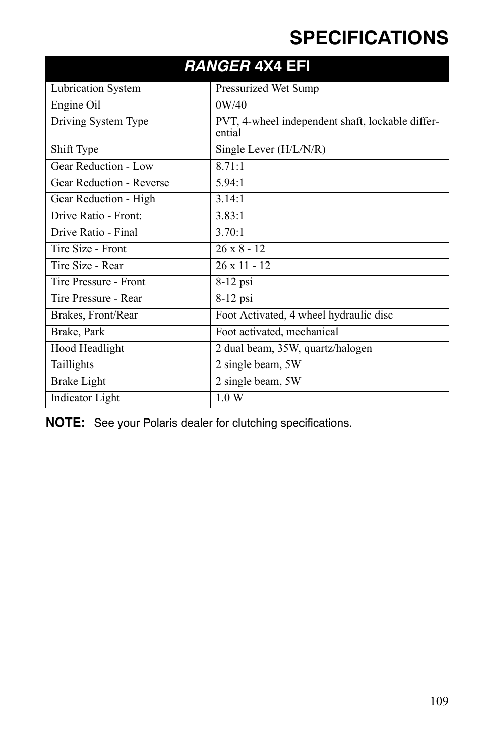 Specifications, Ranger 4x4 efi | Polaris 4X4 700 EFI User Manual | Page 112 / 134