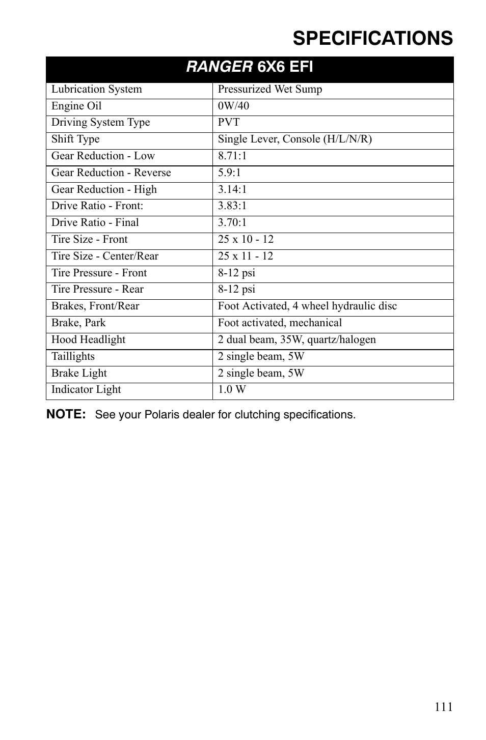 Specifications, Ranger 6x6 efi | Polaris 4X4 700 EFI User Manual | Page 114 / 134