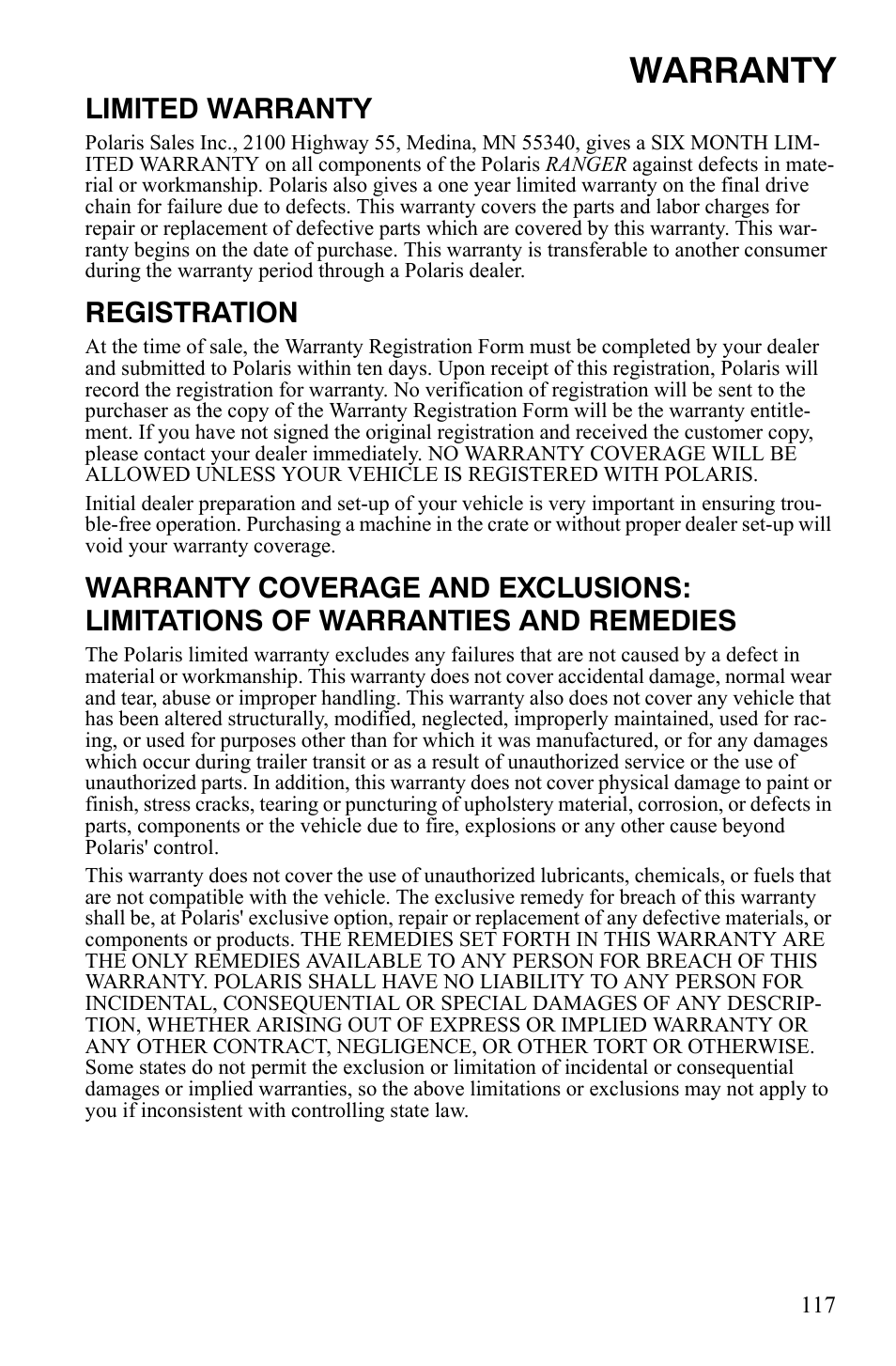 Warranty, Limited warranty, Registration | Polaris 4X4 700 EFI User Manual | Page 120 / 134