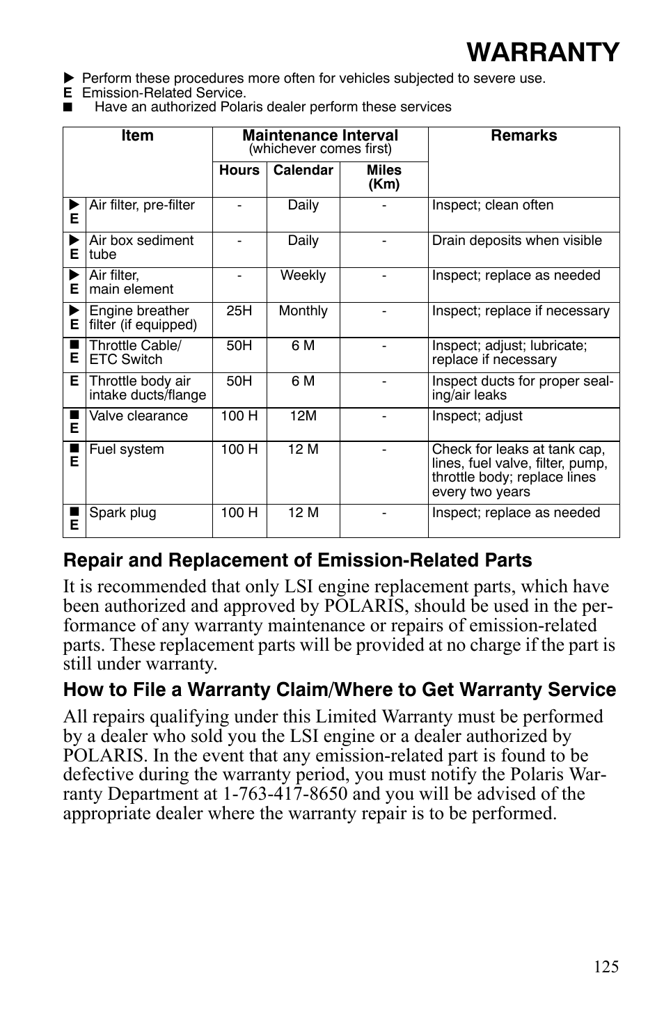 Warranty | Polaris 4X4 700 EFI User Manual | Page 128 / 134