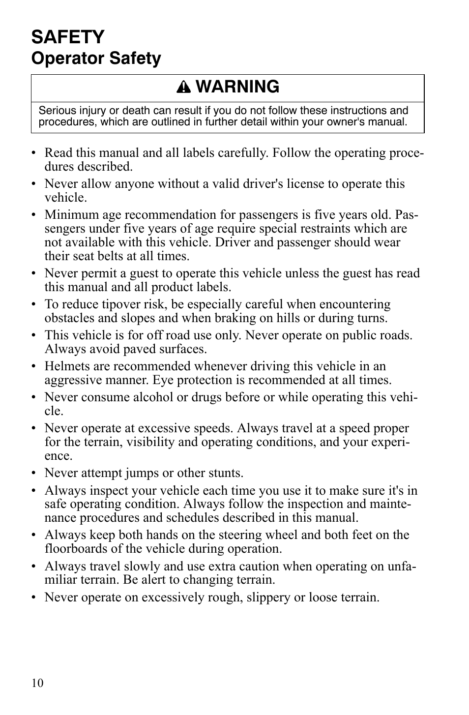 Safety, Operator safety, Warning | Polaris 4X4 700 EFI User Manual | Page 13 / 134