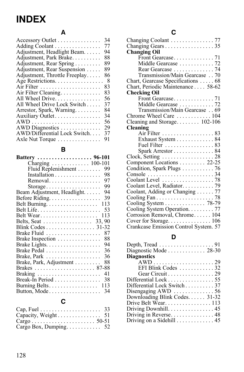 Index | Polaris 4X4 700 EFI User Manual | Page 131 / 134