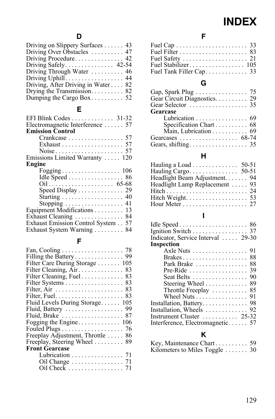 Index | Polaris 4X4 700 EFI User Manual | Page 132 / 134