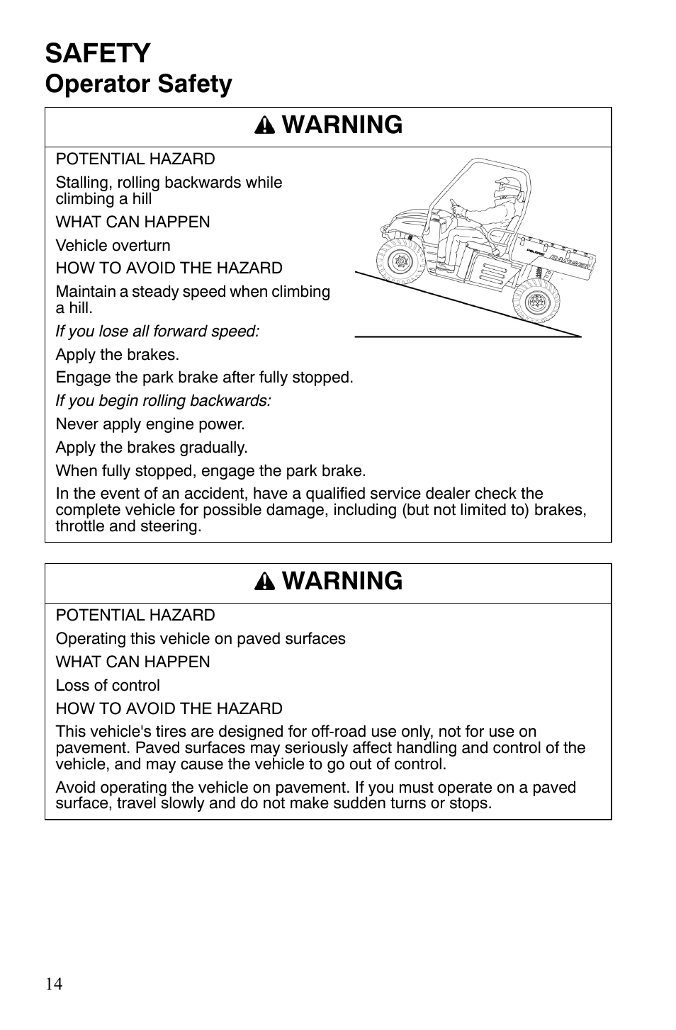 Safety, Operator safety warning, Warning | Polaris 4X4 700 EFI User Manual | Page 17 / 134
