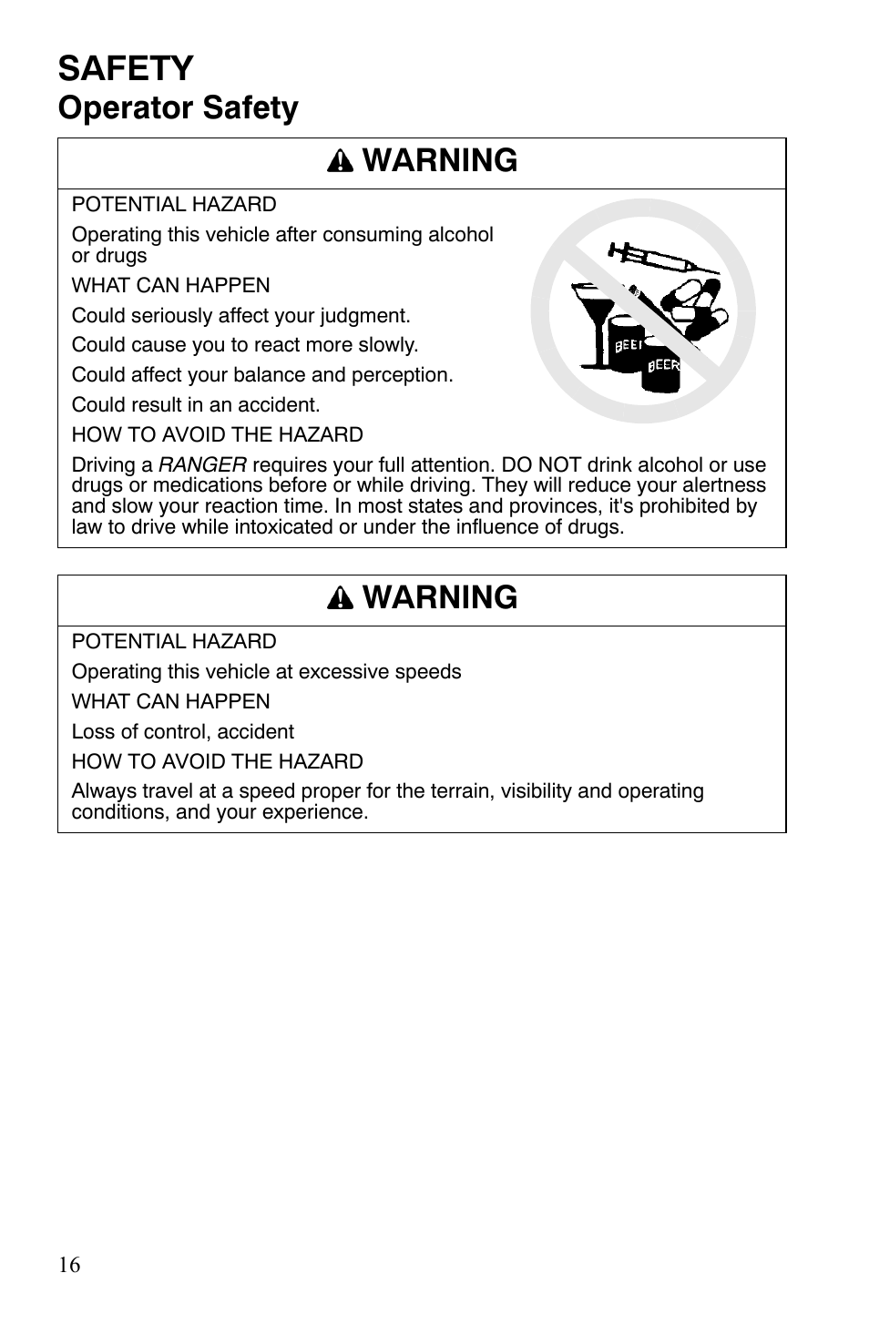 Safety, Operator safety warning, Warning | Polaris 4X4 700 EFI User Manual | Page 19 / 134