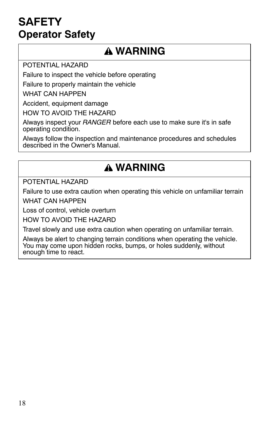 Safety, Operator safety warning, Warning | Polaris 4X4 700 EFI User Manual | Page 21 / 134