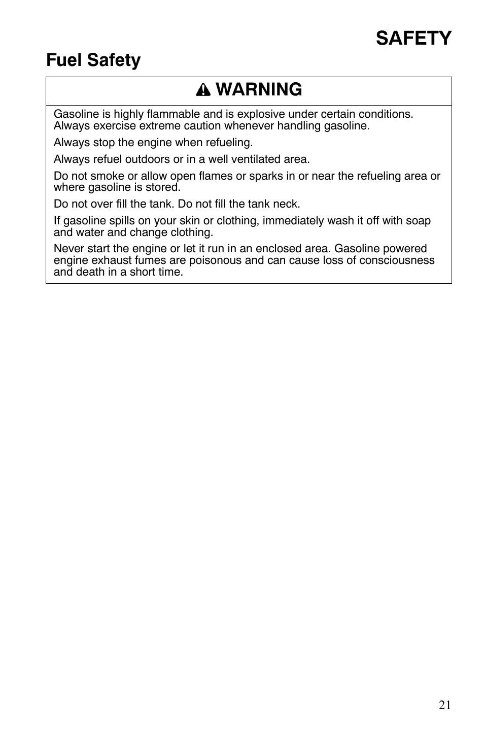 Safety, Fuel safety warning | Polaris 4X4 700 EFI User Manual | Page 24 / 134
