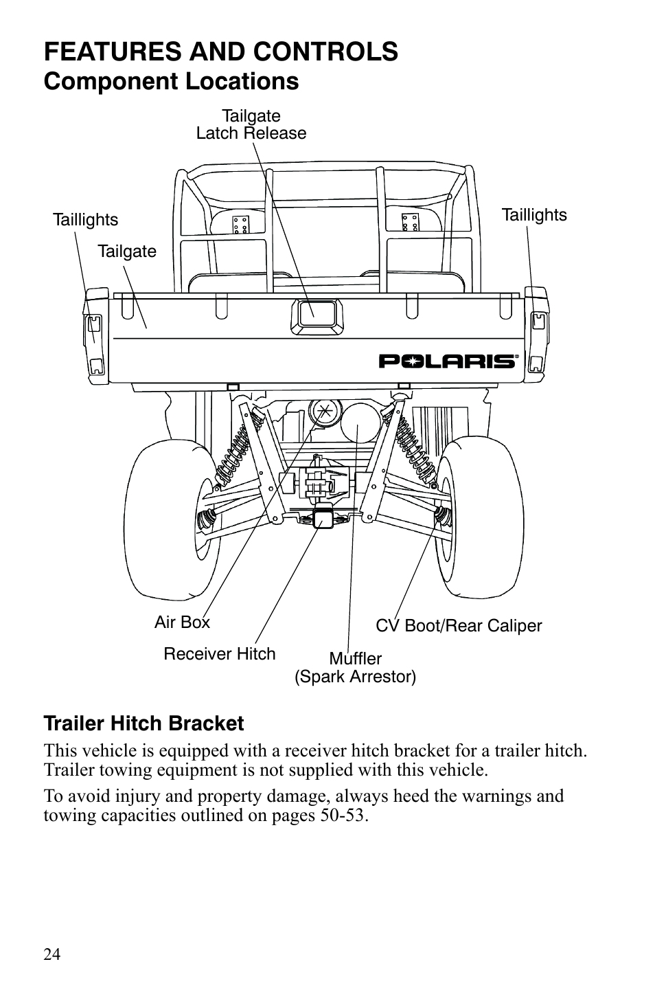 Features and controls, Component locations | Polaris 4X4 700 EFI User Manual | Page 27 / 134