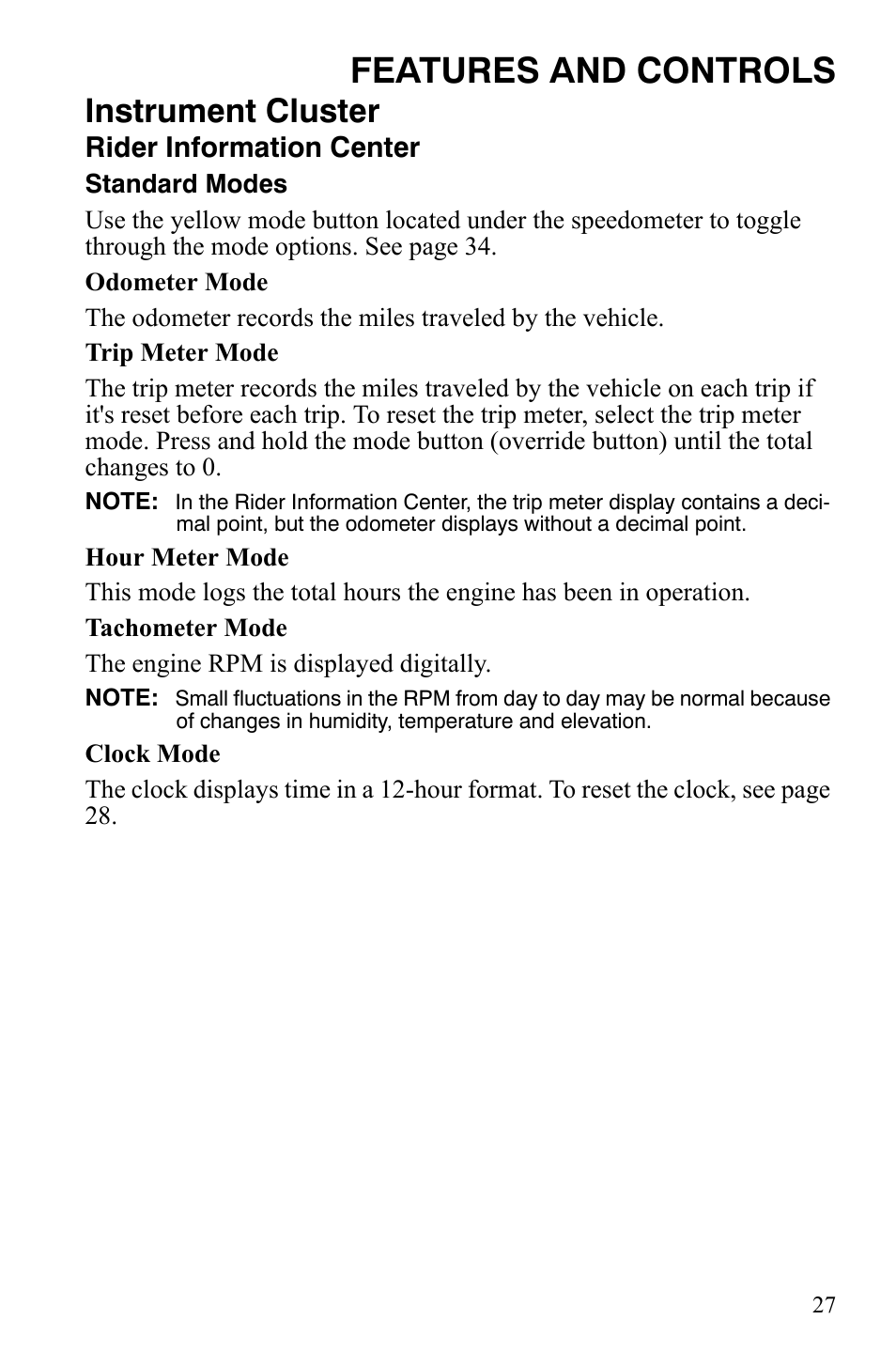 Features and controls, Instrument cluster | Polaris 4X4 700 EFI User Manual | Page 30 / 134