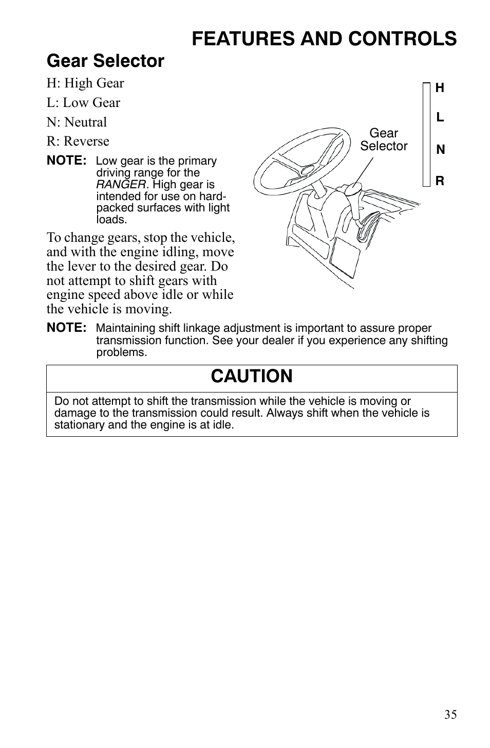 Features and controls, Gear selector, Caution | Polaris 4X4 700 EFI User Manual | Page 38 / 134