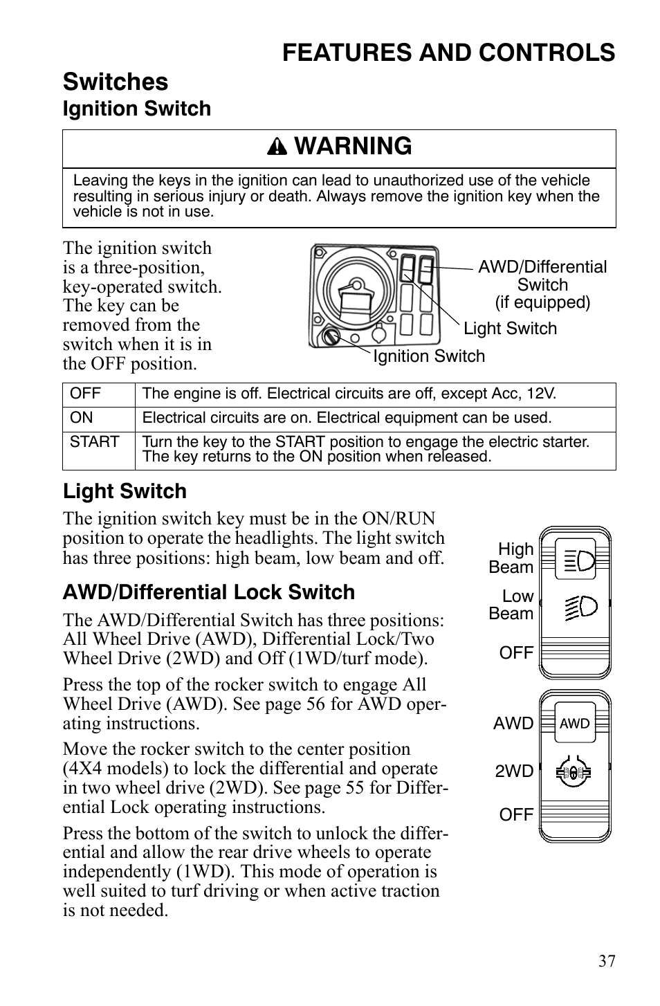 Features and controls switches, Warning, Ignition switch | Light switch, Awd/differential lock switch | Polaris 4X4 700 EFI User Manual | Page 40 / 134