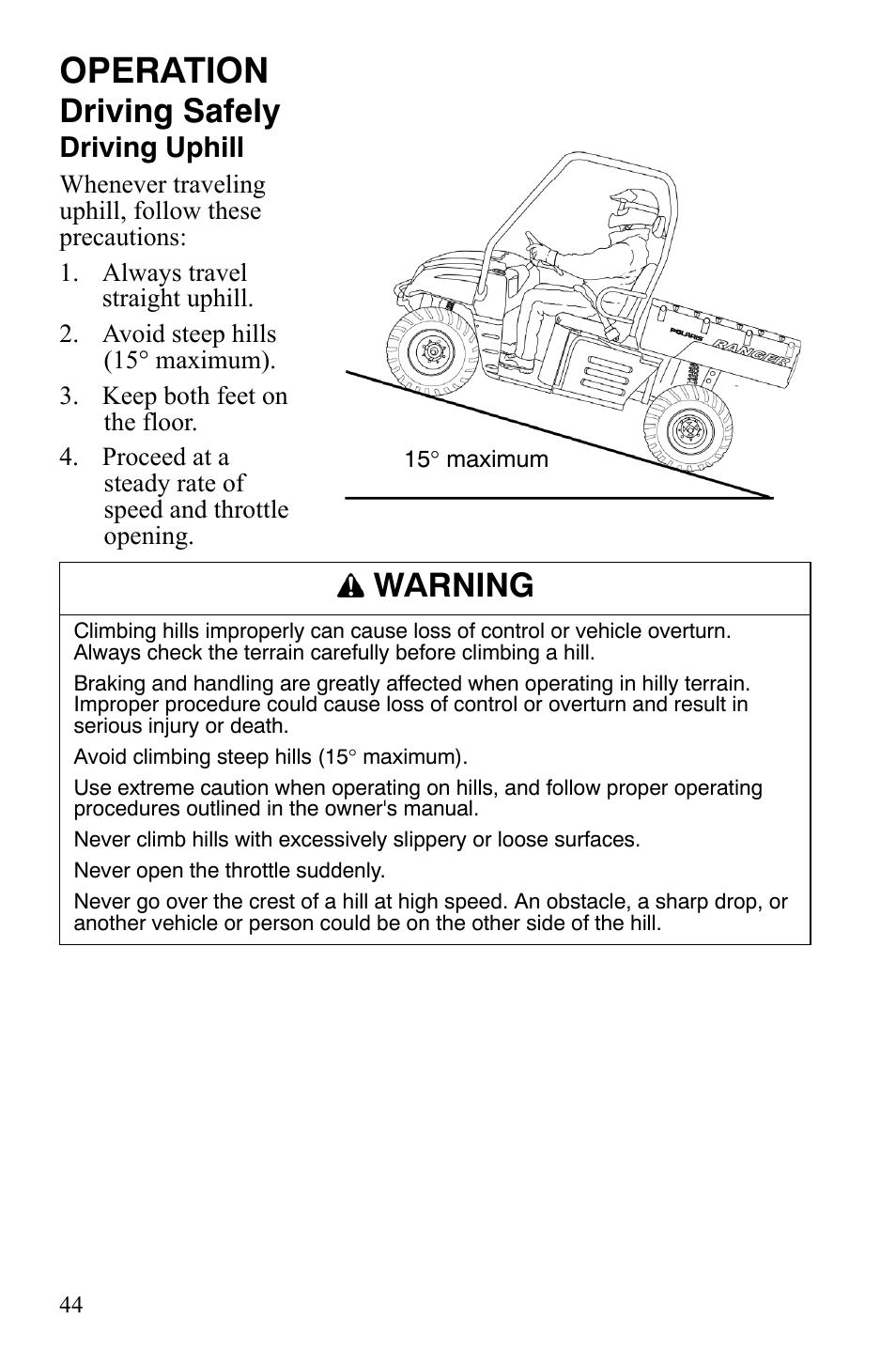 Operation, Driving safely, Warning | Polaris 4X4 700 EFI User Manual | Page 47 / 134