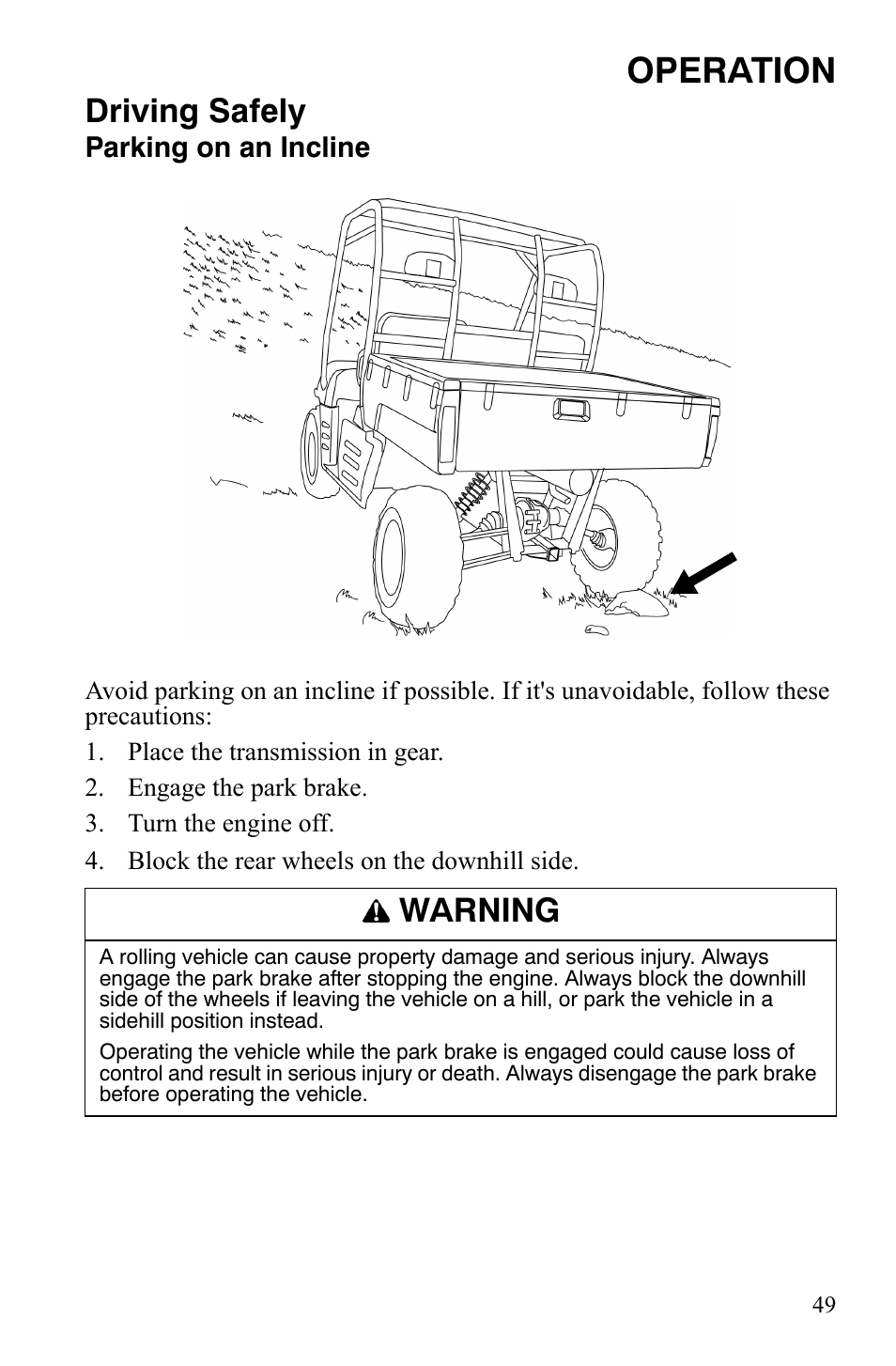 Operation, Driving safely, Warning | Polaris 4X4 700 EFI User Manual | Page 52 / 134