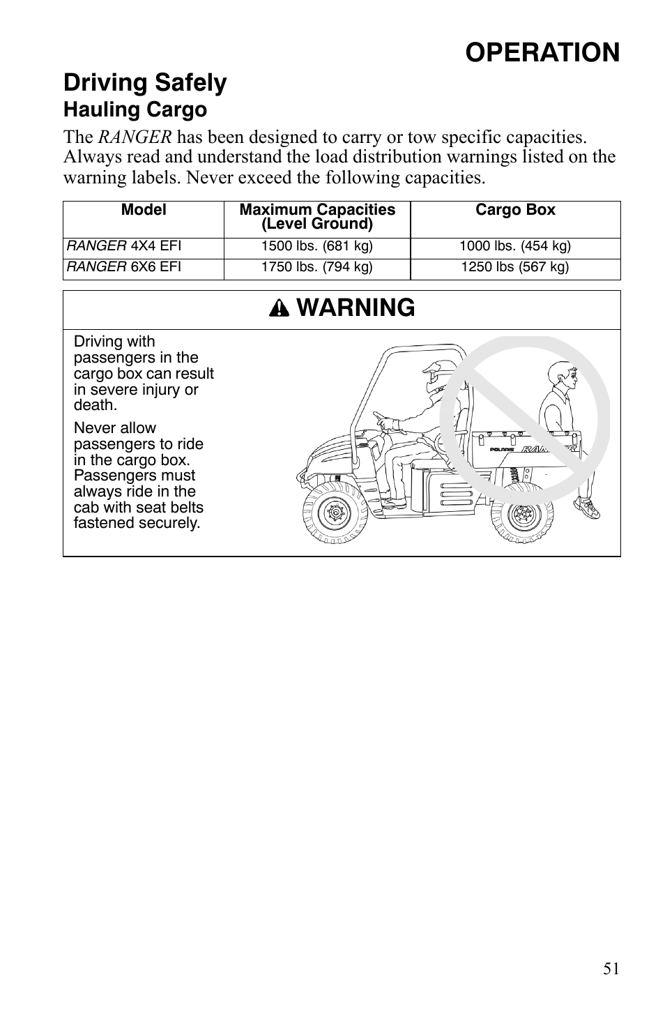 Operation, Driving safely, Warning | Hauling cargo | Polaris 4X4 700 EFI User Manual | Page 54 / 134