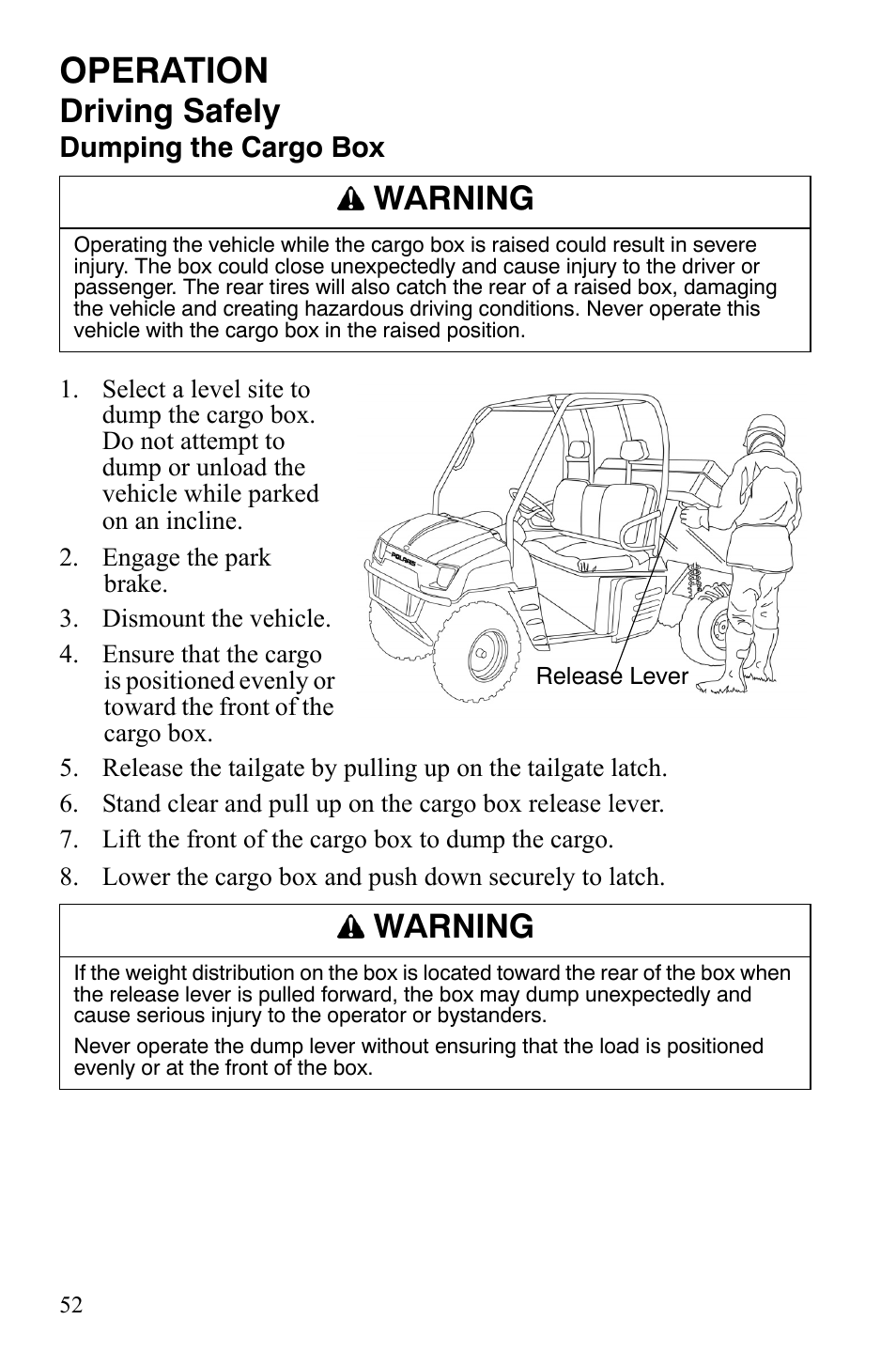 Operation, Driving safely, Warning | Polaris 4X4 700 EFI User Manual | Page 55 / 134