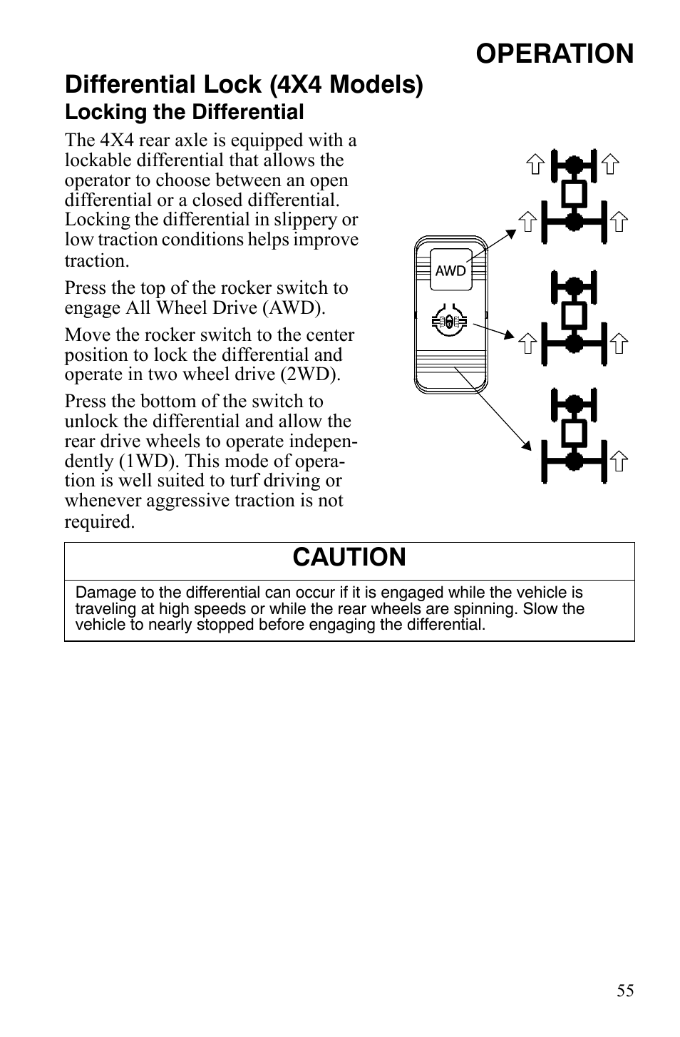 Operation, Differential lock (4x4 models), Caution | Polaris 4X4 700 EFI User Manual | Page 58 / 134