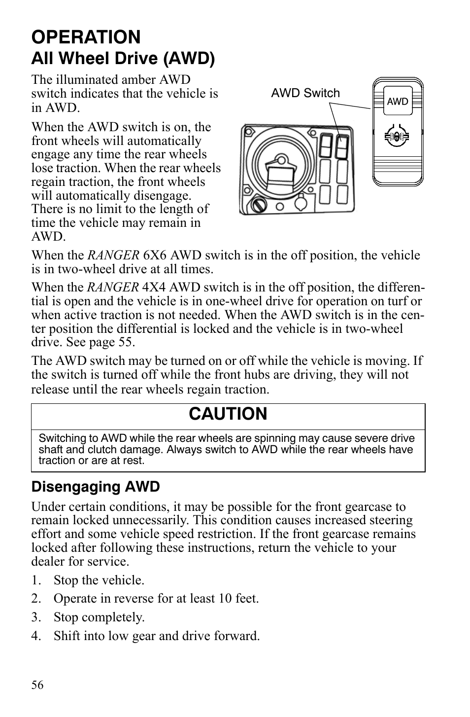 Operation, All wheel drive (awd), Caution | Polaris 4X4 700 EFI User Manual | Page 59 / 134