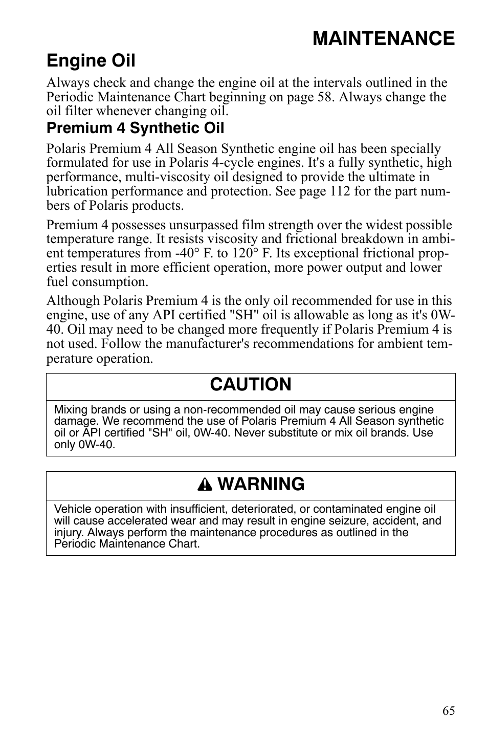 Maintenance, Engine oil, Caution | Warning | Polaris 4X4 700 EFI User Manual | Page 68 / 134