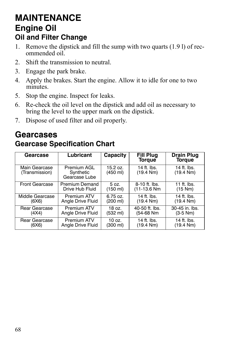 Maintenance, Engine oil, Gearcases | Oil and filter change, Gearcase specification chart | Polaris 4X4 700 EFI User Manual | Page 71 / 134