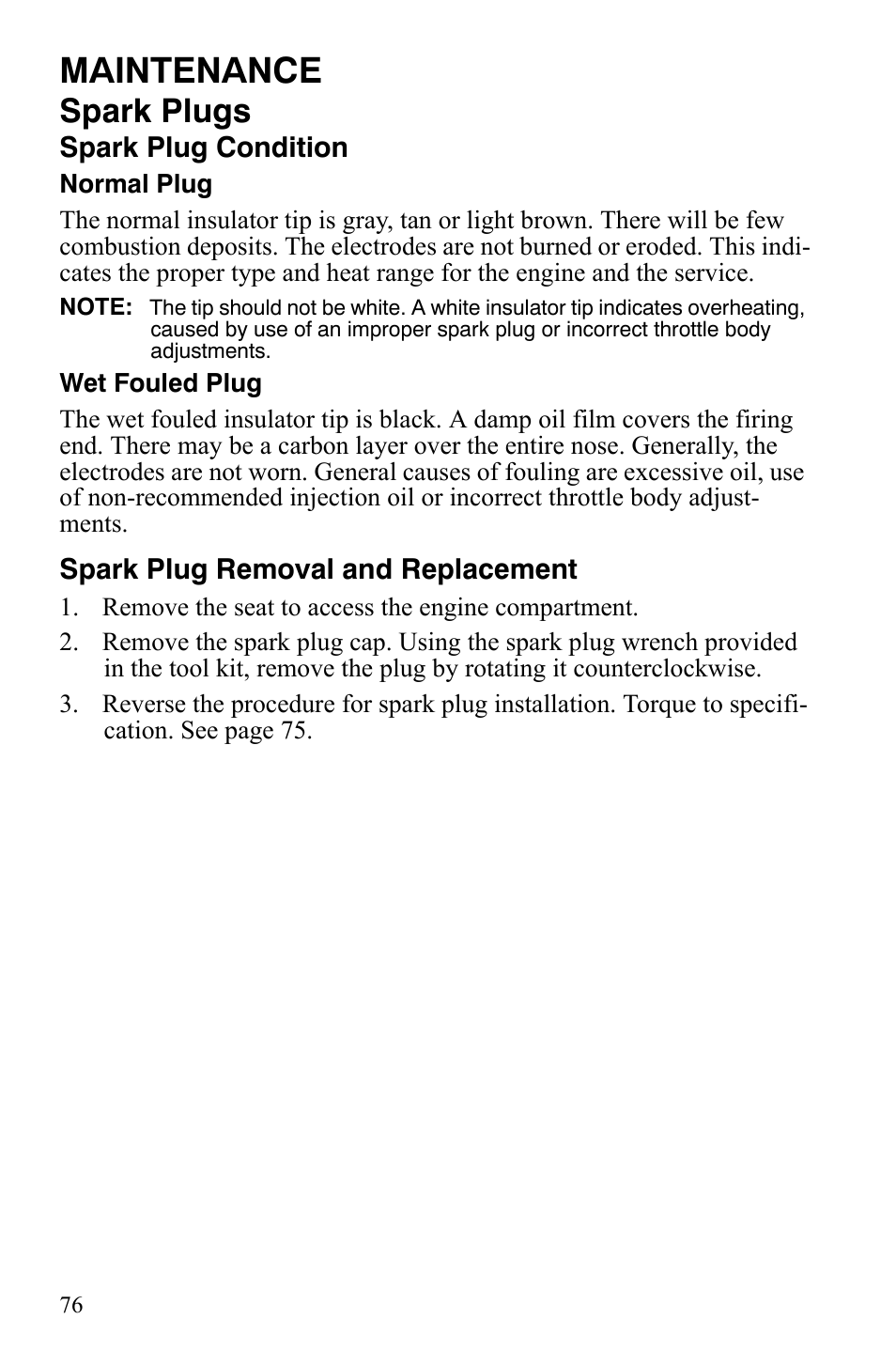 Maintenance, Spark plugs | Polaris 4X4 700 EFI User Manual | Page 79 / 134