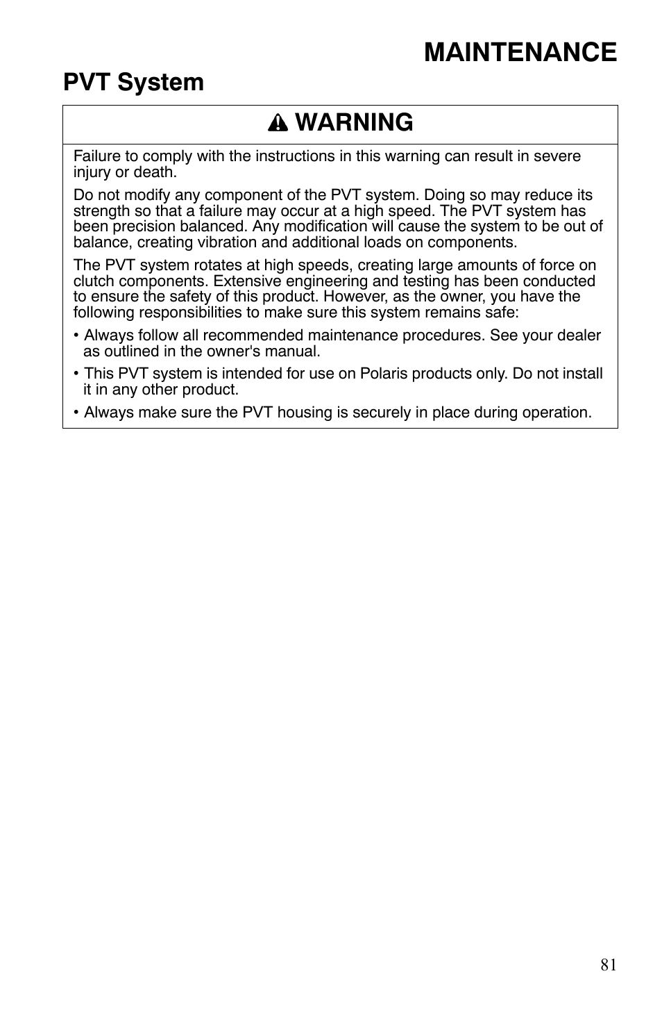 Maintenance, Pvt system warning | Polaris 4X4 700 EFI User Manual | Page 84 / 134
