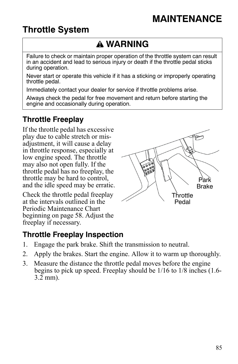 Maintenance, Throttle system, Warning | Polaris 4X4 700 EFI User Manual | Page 88 / 134