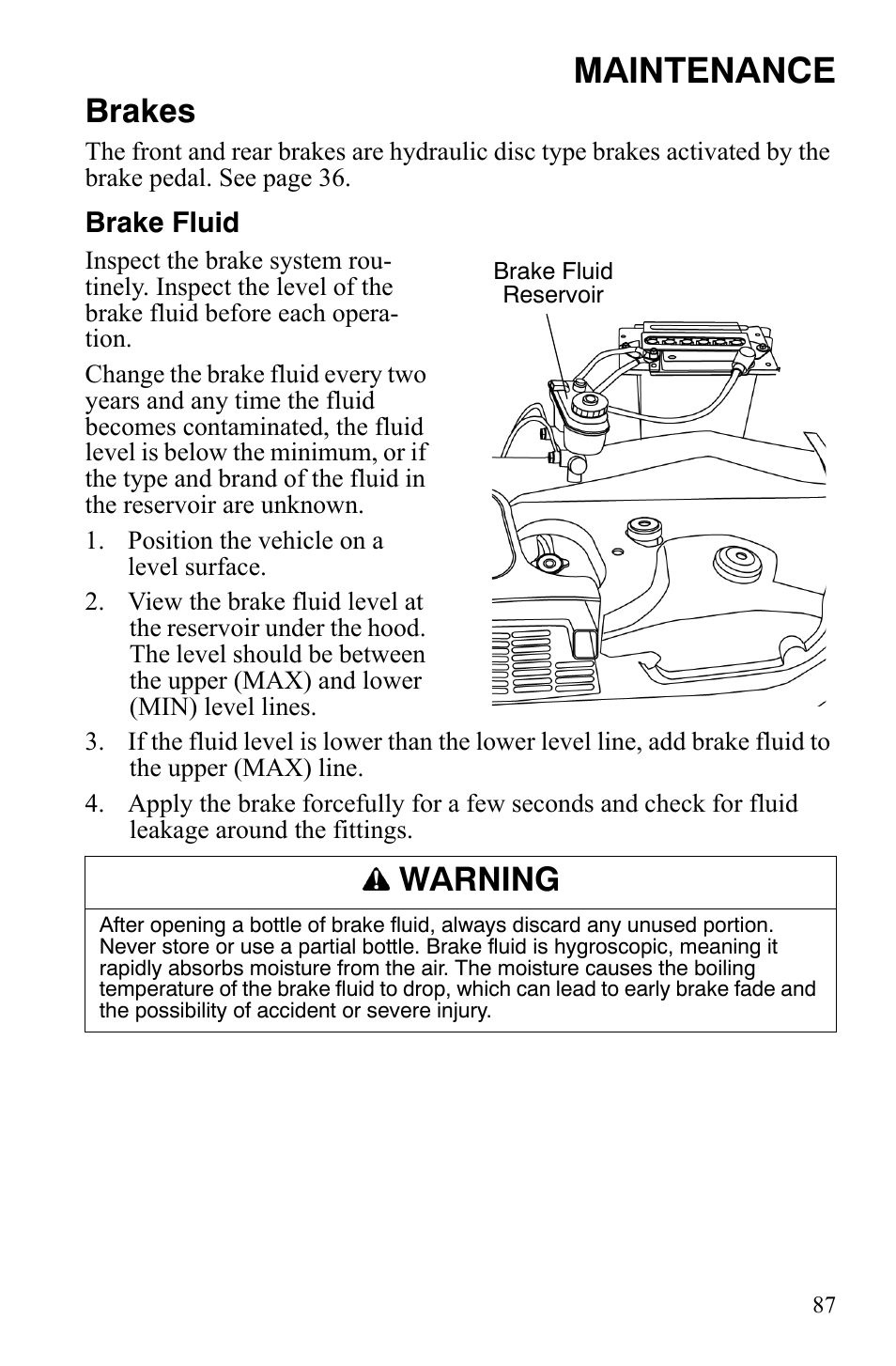 Maintenance, Brakes, Warning | Polaris 4X4 700 EFI User Manual | Page 90 / 134