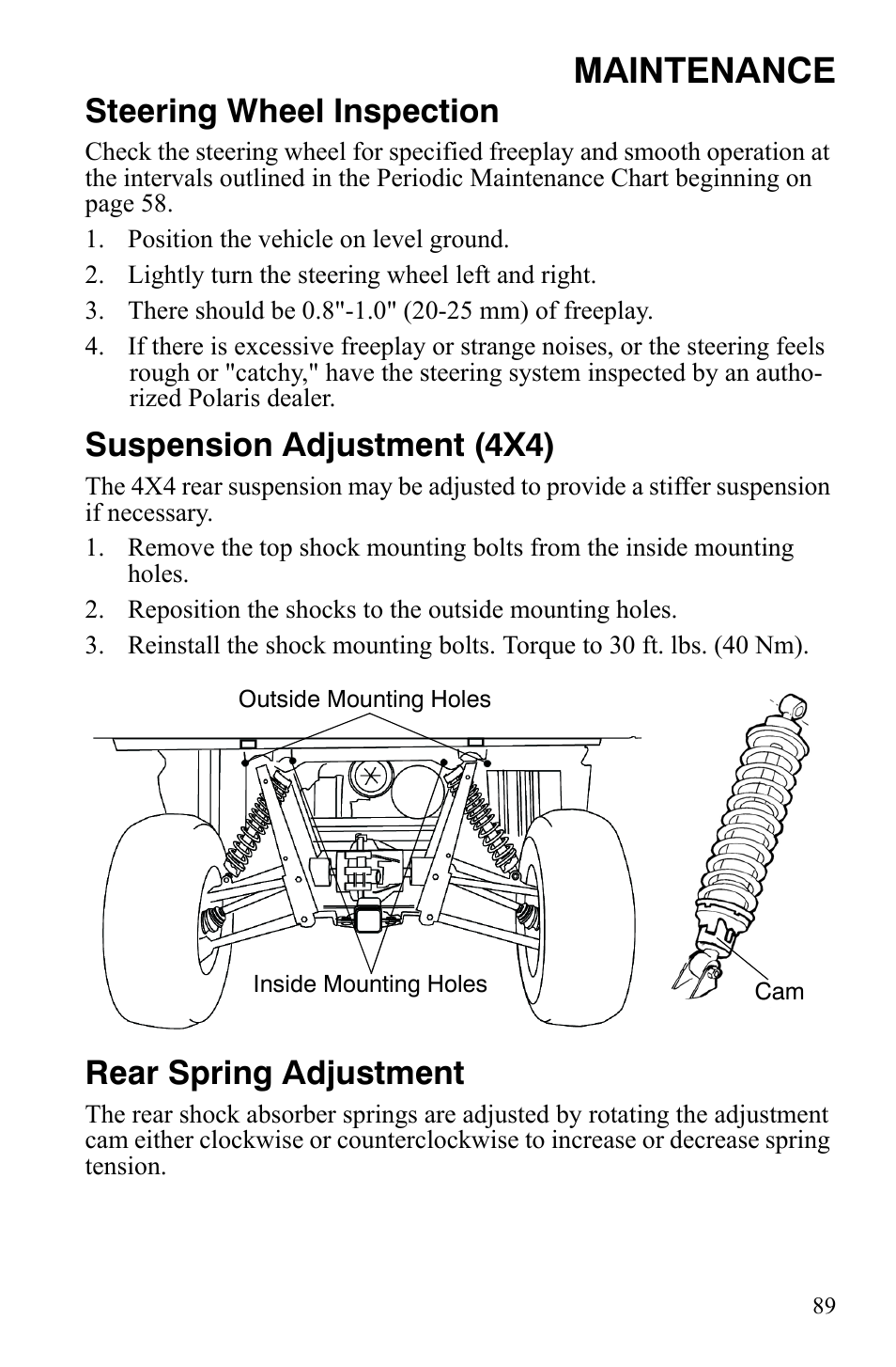 Maintenance, Steering wheel inspection, Suspension adjustment (4x4) | Rear spring adjustment | Polaris 4X4 700 EFI User Manual | Page 92 / 134