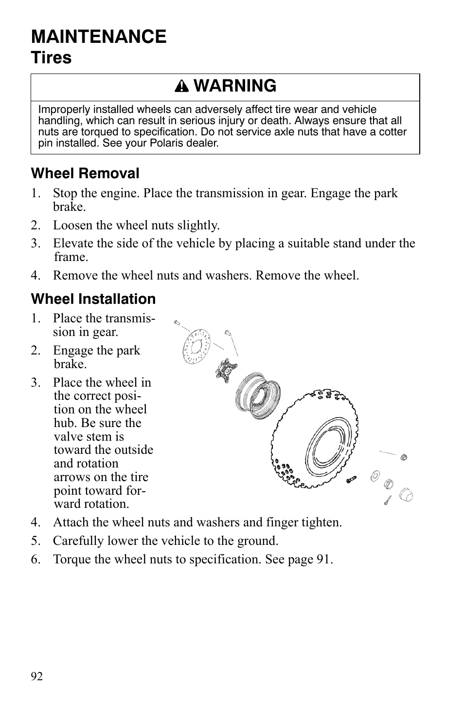 Maintenance, Tires, Warning | Polaris 4X4 700 EFI User Manual | Page 95 / 134