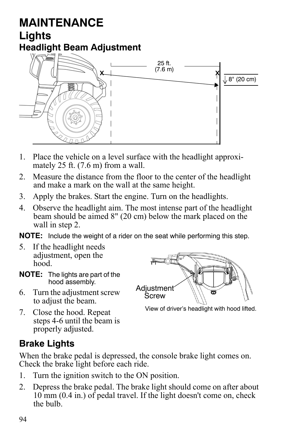 Maintenance, Lights, Headlight beam adjustment | Brake lights | Polaris 4X4 700 EFI User Manual | Page 97 / 134