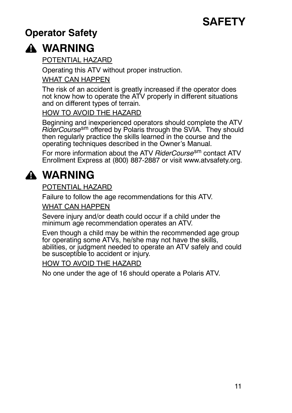 Safety, Warning, Operator safety | Polaris Trailboss 7174820 User Manual | Page 11 / 117