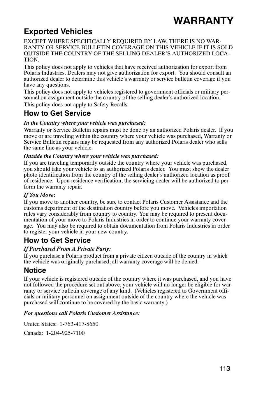 Warranty, Exported vehicles, How to get service | Notice | Polaris Trailboss 7174820 User Manual | Page 113 / 117