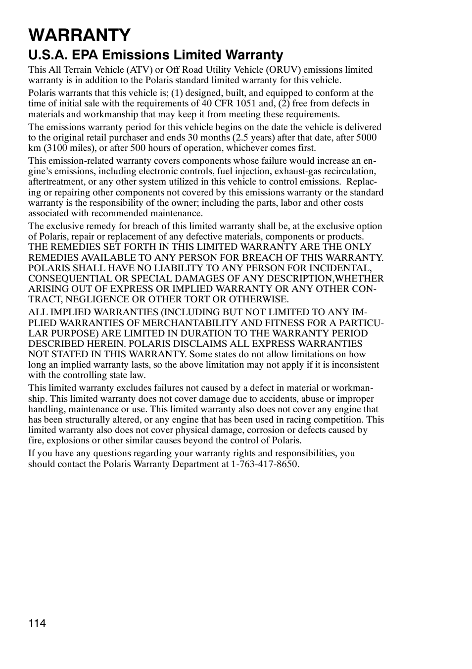 Warranty, U.s.a. epa emissions limited warranty | Polaris Trailboss 7174820 User Manual | Page 114 / 117